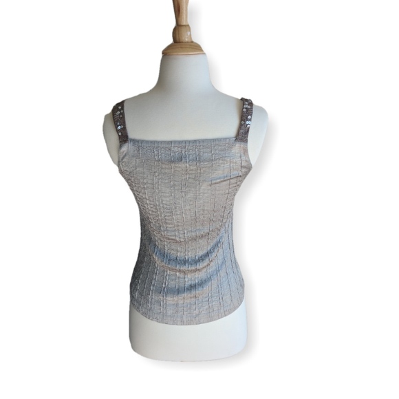 Silver silk v-neck tank w sequins straps, metallic - Picture 4 of 5